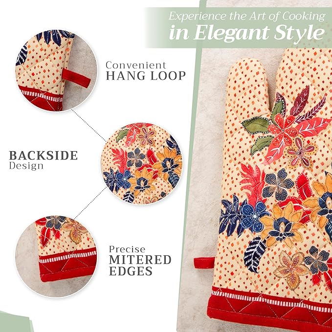 Maison d' Hermine 100% Cotton Oven Mitt & Pot Holder Set (7.5"x13" & 8"x8") Heat Resistant BBQ Cooking Gloves with Loop, Baking, Grilling, Kitchen, Handling Hot Pans (Kalahari)