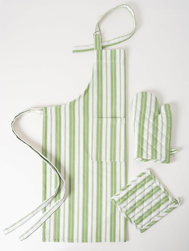1 Oven Mitt, 1 PotHolder & 1 Kitchen Apron Set - Durable Heat Resistant Gloves - Thick Mittens for Kitchen - Suitable for Cooking, Baking, Grilling – Men & Women – Grass Green Stripes