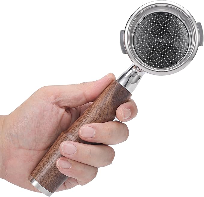 58mm Bottomless Portafilter for Gaggia Classic Pro, Evo, E24 Espresso Machines With Upgraded Walnut Handle and 18-21 Gram Filter Basket