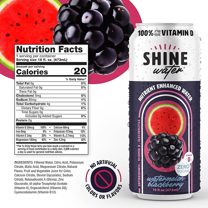 ShineWater Watermelon Blackberry Vitamin D Electrolyte Drink | Zero Sugar Hydration Beverage with Magnesium, Zinc & Antioxidants | Low Calorie Plant-Based Vitamin Water | 12 Pack