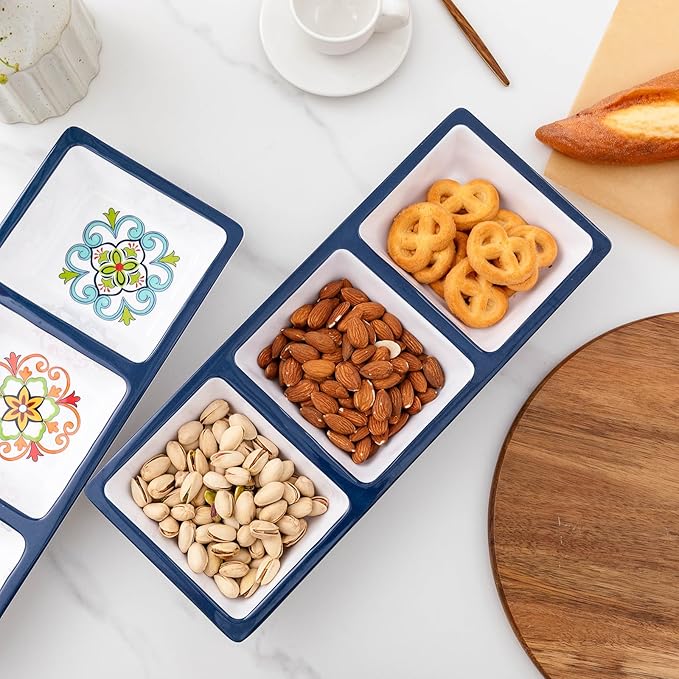 3-Section Divided Serving Trays, Talavera 14.75”x 6” Unbreakable Melamine Serving Platter for Serving Food, 3 Compartment Condiment Tray, Rectangular Condiment Server Set of 2