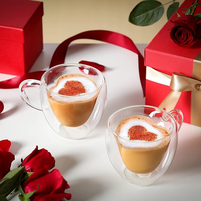 CNGLASS Mothers Day Gifts for Mom,Double Wall Heart Shaped Glass Coffee Mugs 8.5oz,Insulated Clear Tea Cups with Handle,Unique Glass Espresso Mugs for Coffee,Cappuccino,Latte,Milk,Set of 2