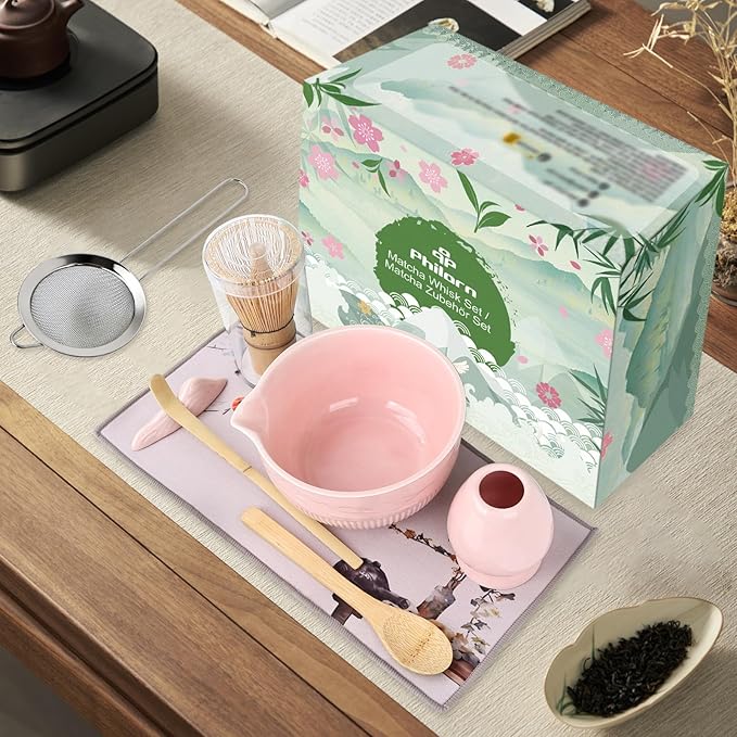 PHILORN Matcha Whisk Set 9Pcs Ceramic Matcha Kit Matcha Bowl with Spout, Whisk, Holder, Bamboo Scoop, Scoop Rest, Sifter and Tea Towe for Matcha Lover and Tea Ceremony (Pink)