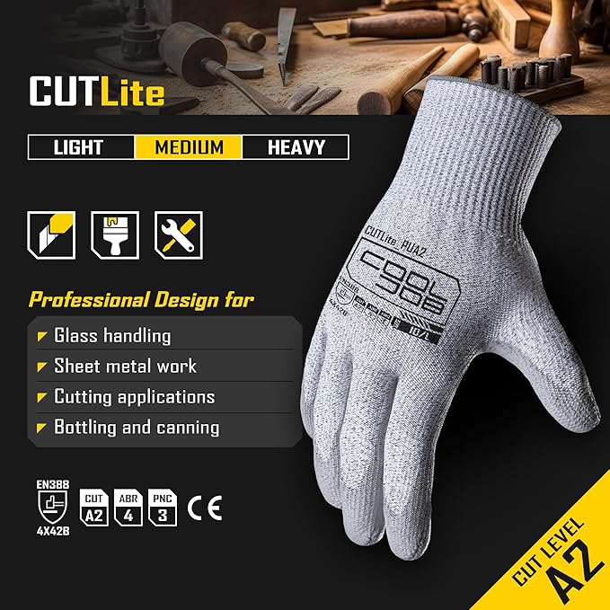 COOLJOB 12/120 Pairs Cut Resistant Safety Work Gloves with Grip, 13 Gauge Seamless Shell with PU Coating, ANSI A2 A4, Gray