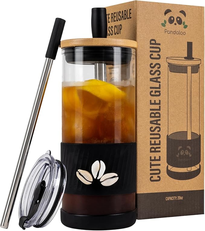 Pandaloo® Glass Cups With Lids and Straws -20 Fl Oz- Hand Made cool shell-raffia detail- Perfect Size Iced Coffee Cup - Smoothie Cup - BPA Free - (Mogador Vibe, 1 Count (Pack of 1))