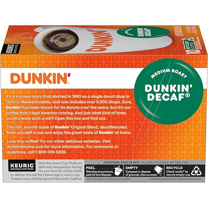 Dunkin' Decaf Medium Roast Coffee, 60 Keurig K-Cup Pods