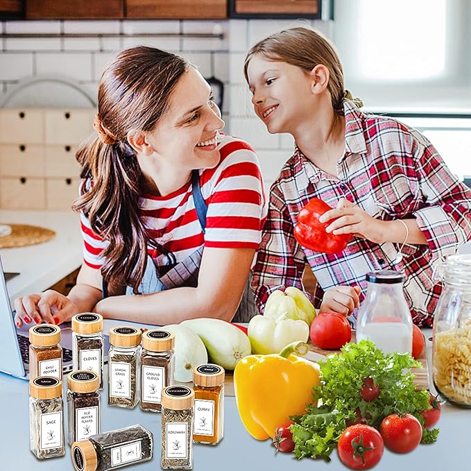 Aliggbent Spice Jars with Lable, 36 Pcs 4 oz Glass Spice Jars with Bamboo Lids, Spice Containers Bottles, Glass Seasoning Jars with Shaker Lids, Collapsible Funnel, for Spice Racks, Pantry,Cupboard