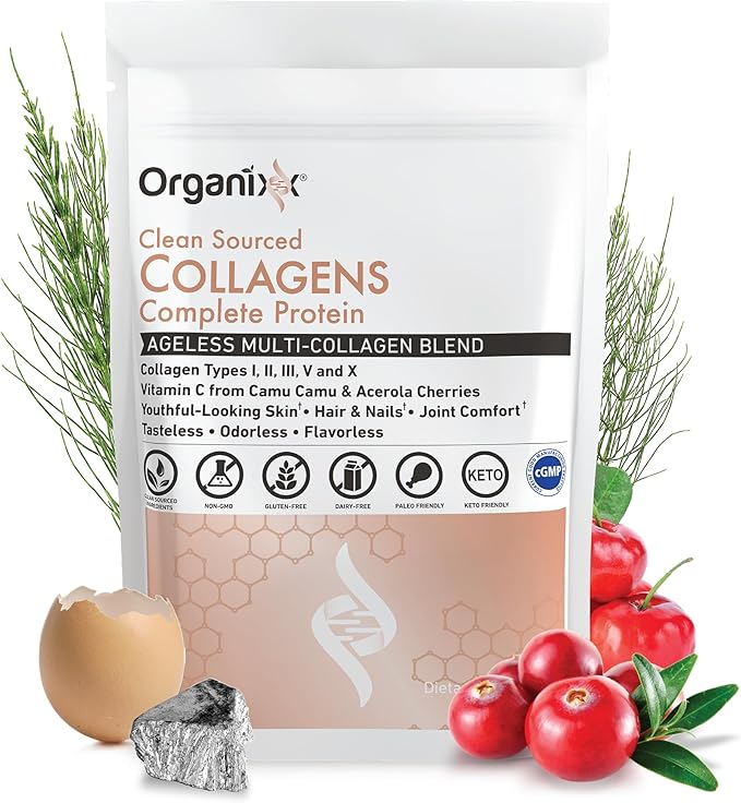 Organixx Collagen Peptides Powder with Vitamin C, Types I, II, III, V, X Hydrolyzed Collagen, Hair, Nail, Skin, Bone & Joint Health, Aging Support, Clean Sourced, Gluten Free, Unflavored, 20 Servings