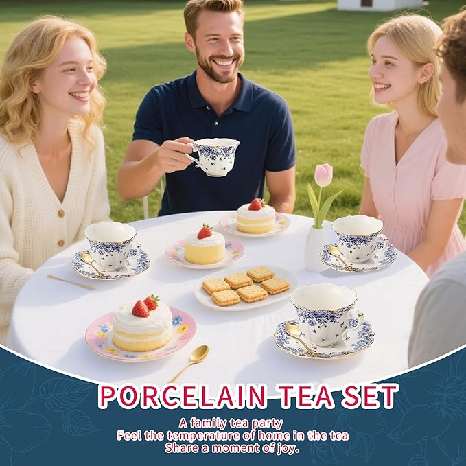 TATSUMI Country Roses Bone China Tea Cup and Saucer Set, 6 Pieces, Vintage Style, For Women and Tea Parties（sky blue，6 sets）