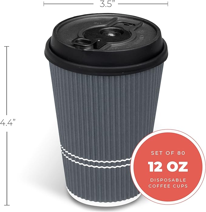 Disposable Coffee Cups With Lids - 12 oz To Go Coffee Cup With Lid (80 Set). Durable Togo Travel Paper Hot Cups Insulated For Hot and Cold Beverage Drinks, No Sleeves Needed (Dusk Grey)