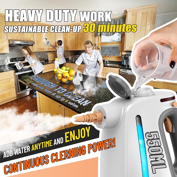 Heavy Duty Handheld Steam Cleaner for Cleaning with Lockable Steam Button&11pcs Accessories, Unlimited Water Addition for Continuous Steaming, Multi-Purpose Steamer for Cleaning Car, Grout (grey)