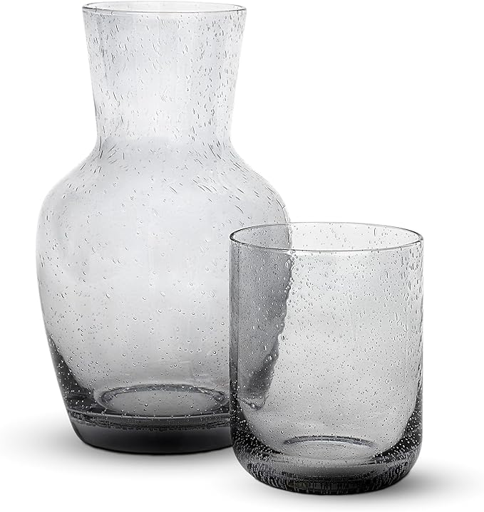 Bruno Magli Bubble Carafe | 2-Pc Set | Drinking Glass Tumbler Doubles as a Lid | Water Pitcher with Matching Cup for Office, Nightstand, Home, & Guest Room Décor | Gift Boxed | 28-Oz (Gray)