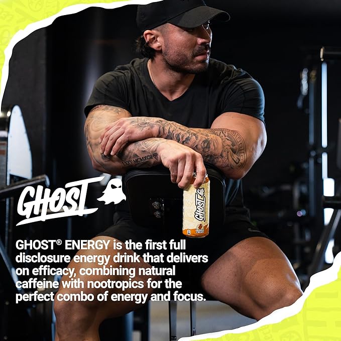 GHOST Energy Drink - 12-Pack, Orange Cream, 16oz Cans - Energy & Focus & No Artificial Colors - 200mg of Natural Caffeine, L-Carnitine & Taurine - Gluten-Free & Vegan