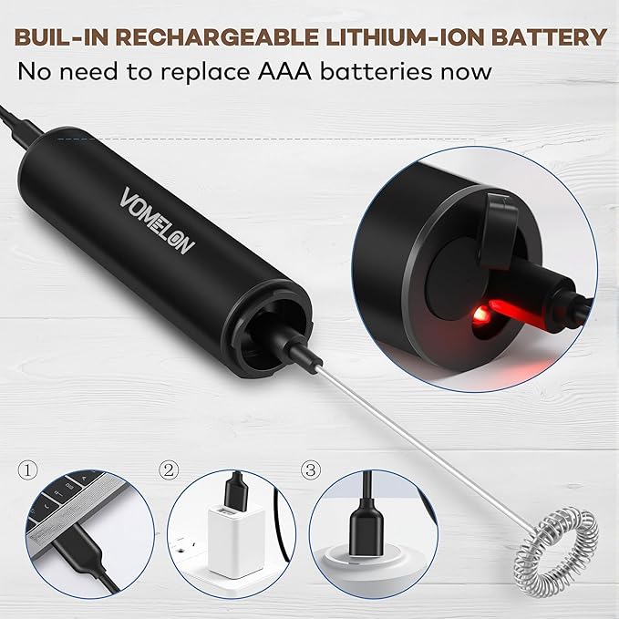 Rechargeable Milk Frother Handheld Electric Frother Wand Milk Foamer Drink Mixer for Coffee, Lattes, Cappuccino, and Egg, Stainless Steel for Travel-Black