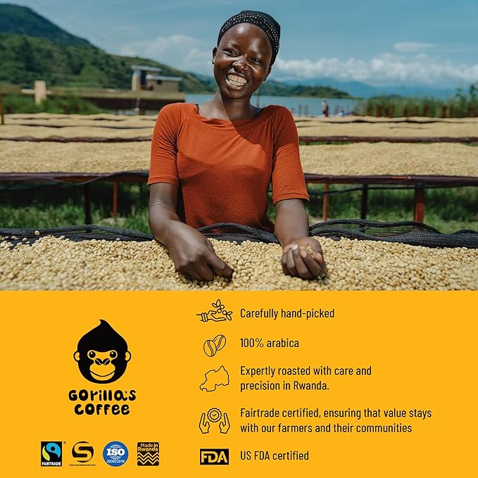 Gorilla's Coffee 100% Arabica - Medium Roast Ground Coffee, Fair Trade, Smooth, Balanced, Aromatic, Spice & Luscious Fruit Notes | Premium Rwandan Coffee | Rich, Flavorful, and Aromatic (500g/17.6oz)