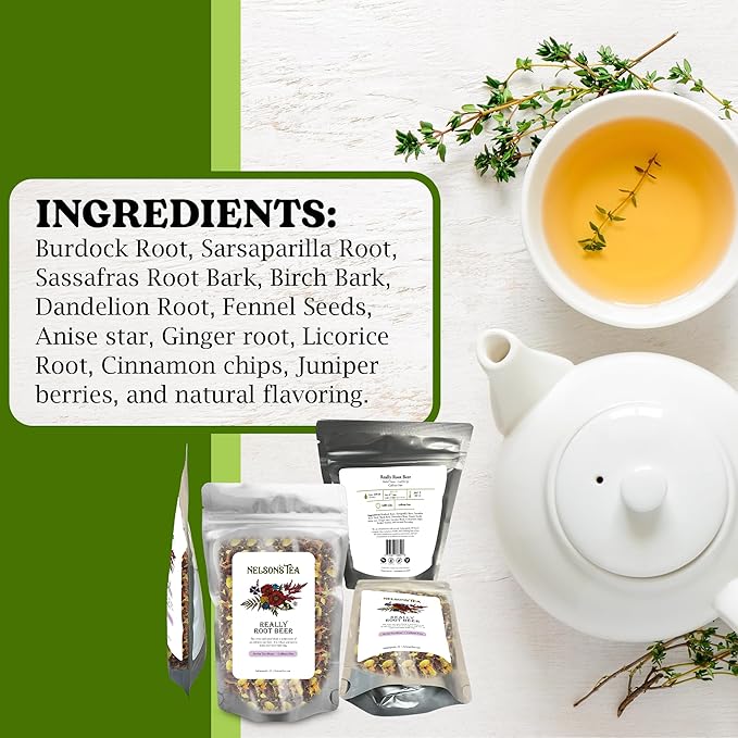 Nelson's Tea Really Root Beer - Sarsaparilla Root Herbal Loose Leaf Tea; Blend of Flavors like Sarsaparilla and Burdock, and More! - 16 oz