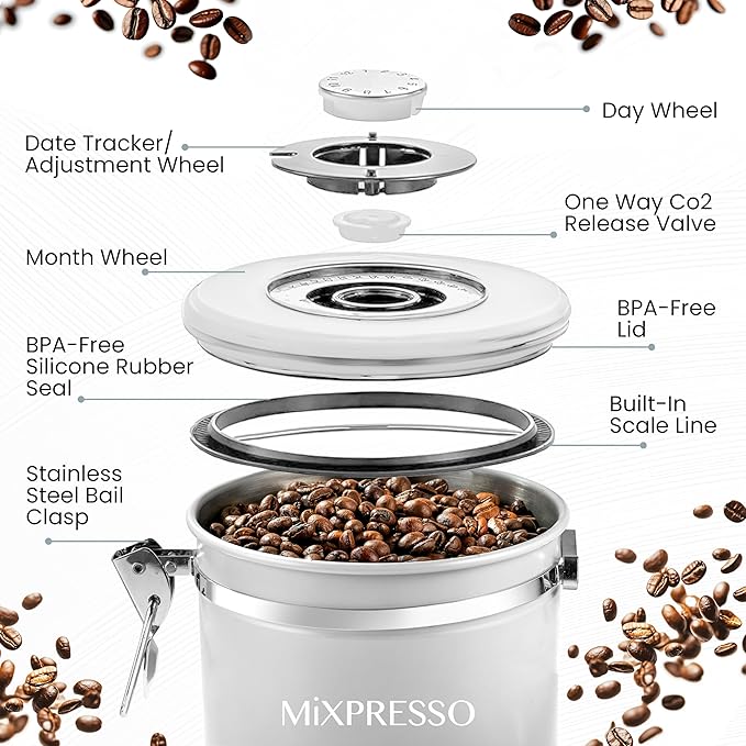 Mixpresso 16 Oz White Coffee Canister, Stainless Steel Airtight Coffee Container, Air tight Jar Tea Storage with Date Tracker, Vacuum Sealed Espresso Airtight Canister, Sugar Container for Home
