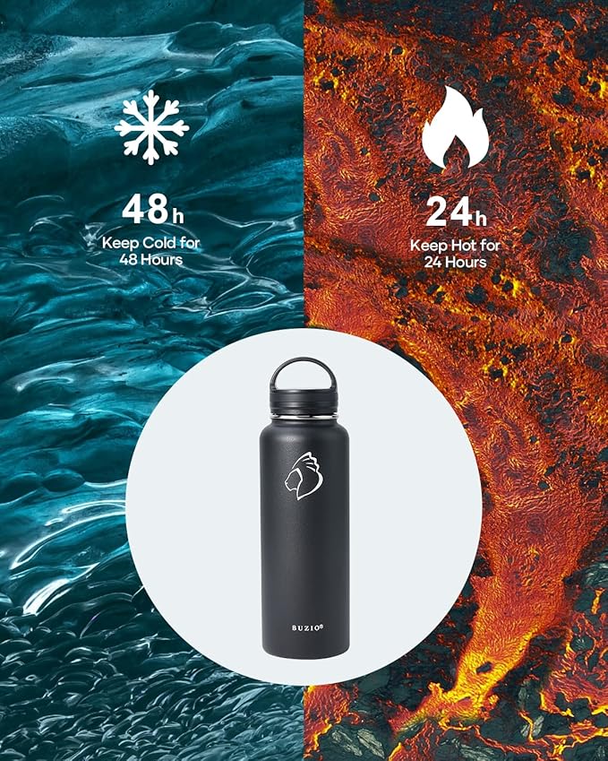 BUZIO 40 oz Water Bottle Insulated with Straw & 3 lid and Carrying Pouch, Leak Proof Anti-Slip Stainless Steel Water Flask Jug, Cold for 48 Hrs Double Vacuum Thermo Canteen, BPA-Free, Black