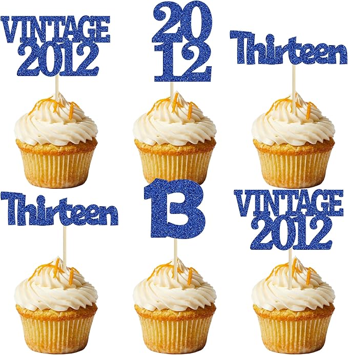 Gyufise 24Pcs 13th Birthday Cupcake Toppers Glitter Thirteen Vintage 2012 Official Teenager 13 Cupcake Picks Birthday Cake Decorations for Happy 13th Anniversary Party Supplies Deep Blue