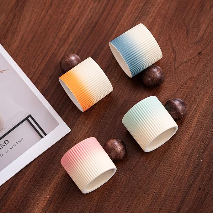 Ceramic Mini Espresso Cups Demitasse Cups with Round Wooden Handle Vertical Stripes Tea Cups (Multicolor-B, 4pcs)
