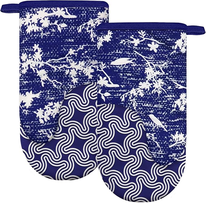 Thumb Oven Mitts, Heat and Slip Resistant Silicone Kitchen Mittens 2-Pack Set, Birds Flower Soft Long Oven Gloves, Flexible Thick Potholders for Safe Baking Cooking and Grilling (Navy)