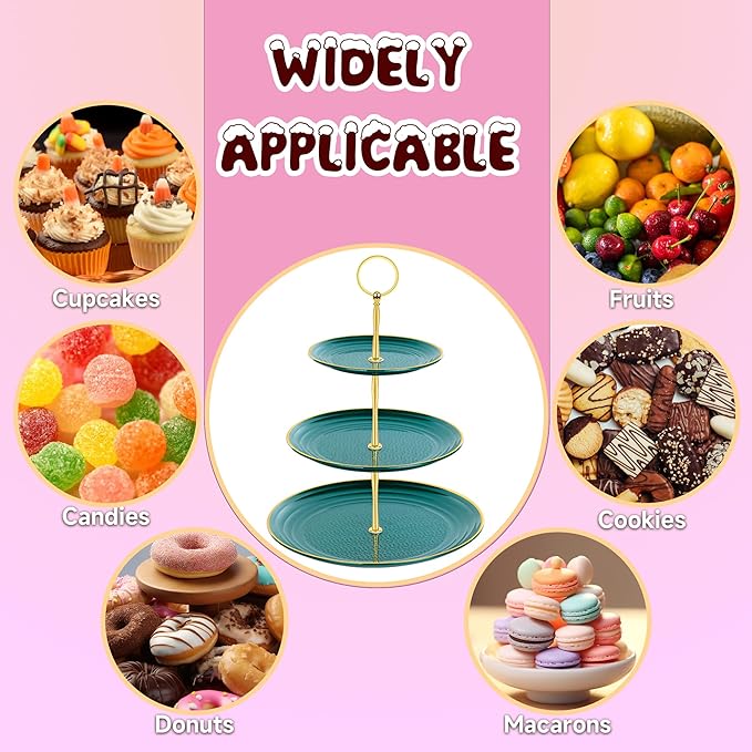 PinCute Cupcake Stand Holder - 3 Tier Cup Cake Dessert Stands, Plastic Tiered Serving Tray&Metal Rod for Birthday Party, Wedding, Tea Party, Baby Shower-Green