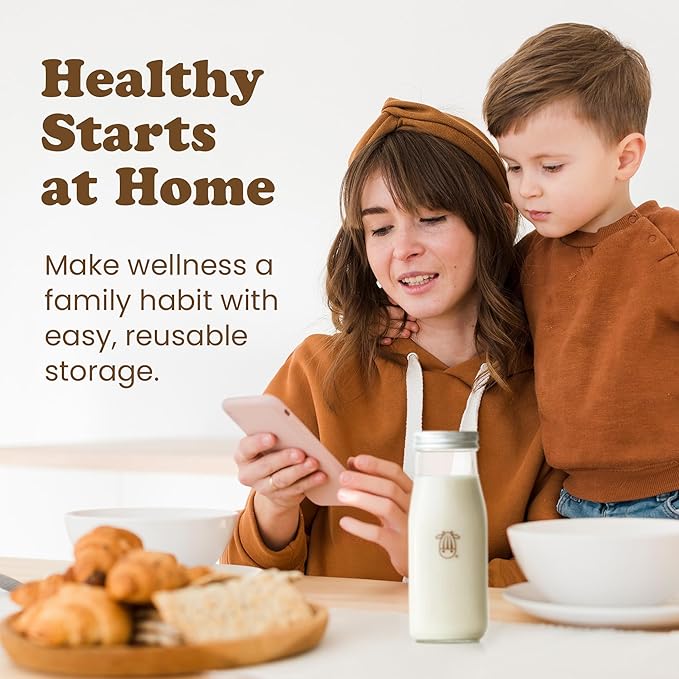 Almond Cow 300ml Glass Jar with Rust-Resistant Aluminum Cap - Reusable, Eco-Friendly Storage for Plant-Based Milk, Creamers, Wellness Shots, and Ingredients - Minimalist, Vintage-Inspired Design