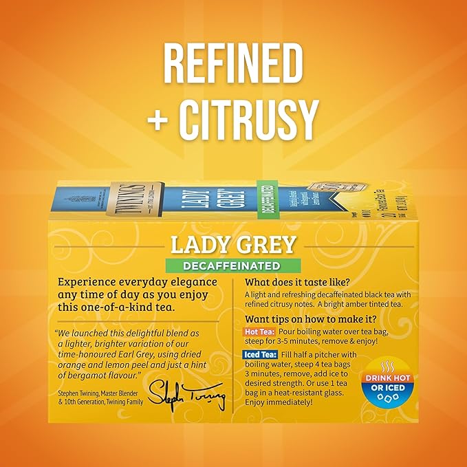 Twinings Decaffeinated Lady Grey Black Tea Individually Wrapped Bags, 20 Count (Pack of 1), Orange Peel & Lemon Peel, Enjoy Hot or Iced, 20 Teabags