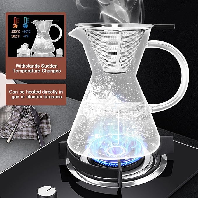 500ML(16.9oz) Glass Pour Over Coffee Maker with Double Stainless Filte - 4 Cup (Approx Refers to 4 oz. Per Cup) Thickened Heat-Resistant Paperless Pour Over Coffee Dripper Perfect Extraction for Home