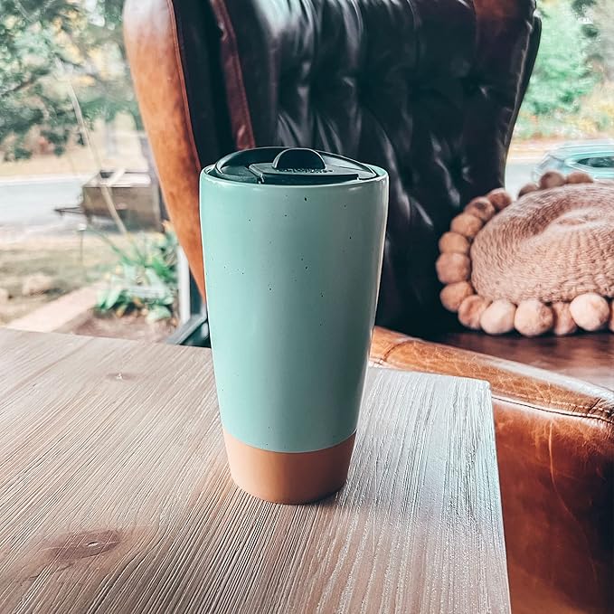 Mora Double Wall Ceramic Coffee Travel Mug with Lid, 14 oz, Portable, Microwave, Dishwasher Safe, Insulated Reusable Tall Cup, Splash Resistant Lid - To Go Tumbler for Car Cup Holder, Seafoam