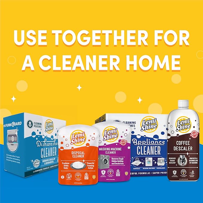 Lemi Shine Natural Dishwasher Cleaner Powered By Citric Acid | 100% Guaranteed Hard Water Cleaning Powder | Eco-Friendly Dishwasher Cleaner and Deodorizer With Fresh Lemon Scent (8 Count)
