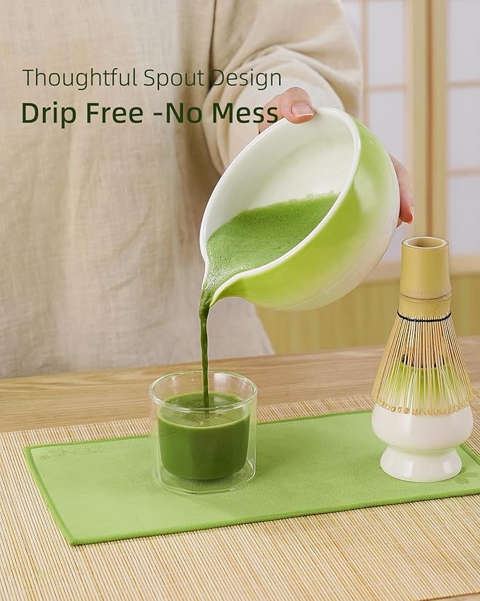 ZENS Matcha Whisk Set, 15oz Hand-Glazed Matcha Bowl with Spout and Bamboo Whisk, Whisk Holder (Chasen), Scoop & Tea Towel, 5pcs Matcha Tea Set Gift for Matcha Ceremony, Green