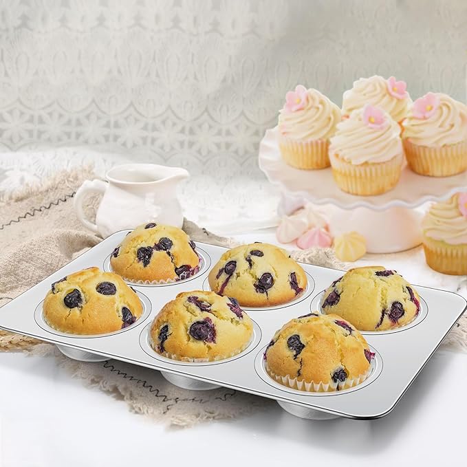 Homikit 2 Pack Muffin Pan, Stainless Steel Cupcake Baking Tin with 6 Cups Regular Size, 11.4 x 7 Inches Metal Egg Bites Tray for Toaster Oven, Rust Free & Non Toxic, Easy Release & Dishwasher Safe