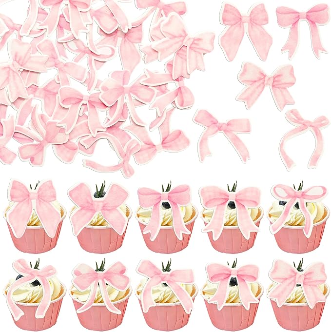 Gyufise 50Pcs Edible Pink Bowknot Cupcake Toppers Wafer Paper Bowknot Cake Dessert Picks Drink Topper Baby Shower Princess Cupcake Toppers for Birthday Party Decoration Supplies