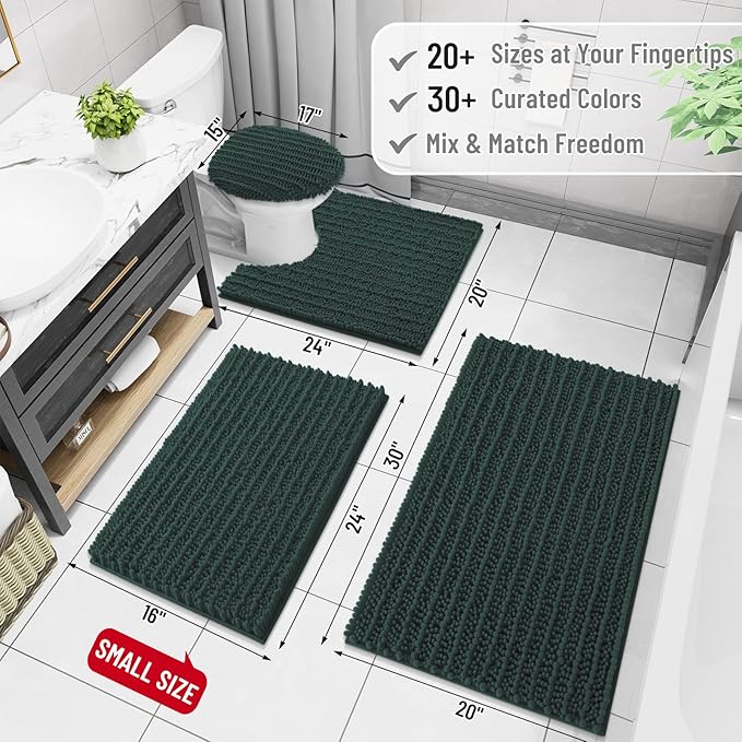 Arotive Luxury Chenille Bathroom Rug Mat, Extra Soft Thick Absorbent Shaggy Bath Rugs, Non-Slip Machine Wash Dry, Plush Bath Mats for Bathroom, Shower and Tub, 47x24, Dark Green