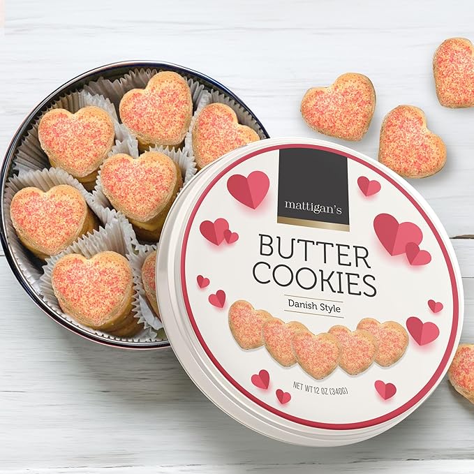 Mattigan's Pink Heart Butter Cookies Danish Style Cookie, 12 Oz Tin, Gourmet Gifts, Holidays, Birthday, Special Occasions, Assorted Cookie Dessert Sweets, Reusable Metal Tin