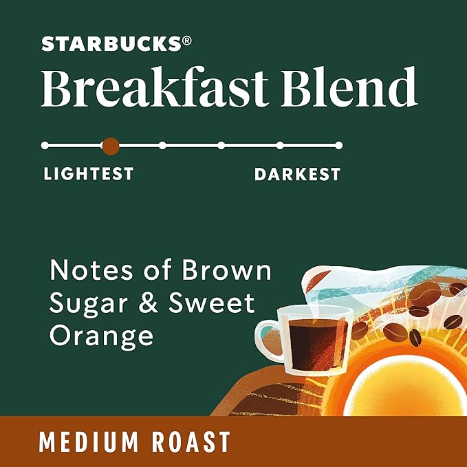 Starbucks K-Cup Coffee Pods, Medium Roast, Breakfast Blend for Keurig Brewers, 100% Arabica, 1 Box (40 Pods)