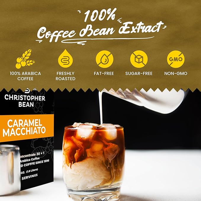 Christopher Bean Coffee - 396 servings, 30 to 1 Blend Bag in Box Liquid Instant Coffee or Cold Brew Coffee Concentrate - Hot or Iced Coffee - Caramel Macchiato