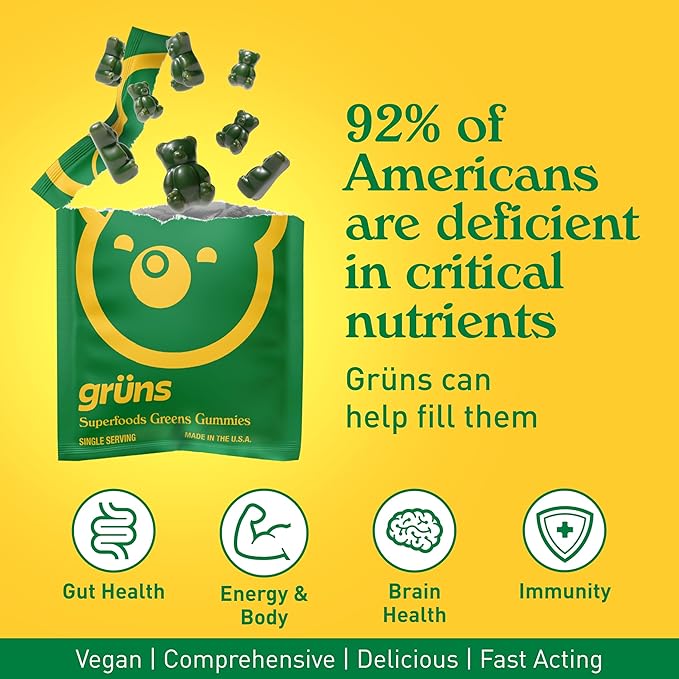 Gruns Adult Sugar-Free Super Greens Gummies, Superfood Vitamin Gummy Bears with Spirulina, Chlorella, Fiber & Prebiotics for Digestive Health, Adaptogens Supplement, 20 Vitamins & Minerals, 28 packets
