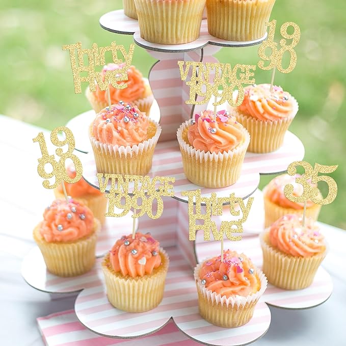 Gyufise 24Pcs Happy 35th Birthday Cupcake Toppers Glitter Thirty Five 35 Fabulous Vintage 1990 Cupcake Picks for 30th Birthday Wedding Anniversary Party Cake Decorations Supplies Gold