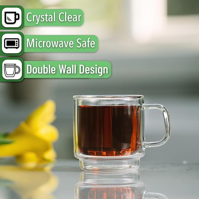 BTaT- Stackable Double Wall Glass Cups, Set of 4 (8 oz, 240 ml), Tea and Coffee Mugs, Cappuccino, Latte Cups, Clear