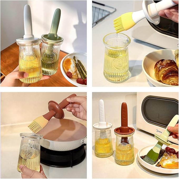 Oil Dispenser with Brush - Glass Olive Oil Dispenser for Kitchen, 3 IN 1 Oil Dispenser Bottle with Silicone Basting Brush for Cooking Vinegar Sauce BBQ Grill Frying (Brown)