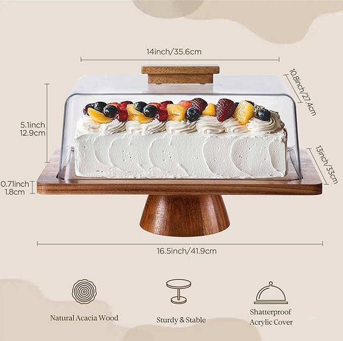 HBlife Cake Stand with Lid (16.5"), Multifunctional Cake Stand with Acrylic Dome Rectangular Acacia Wood 2-in-1 Cake Plate Display Stand with Cover for Baking Gifts, Birthday Kitchen Parties, Weddings