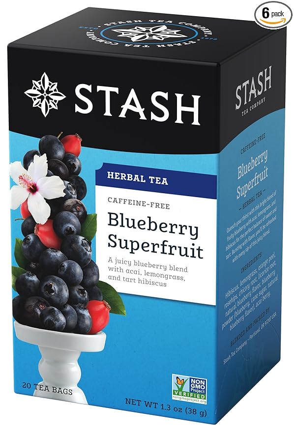 Stash Tea Blueberry Superfruit Herbal Tea - Naturally Caffeine Free, Non-GMO Project Verified Premium Tea with No Artificial Ingredients, 20 Count (Pack of 6) - 120 Bags Total
