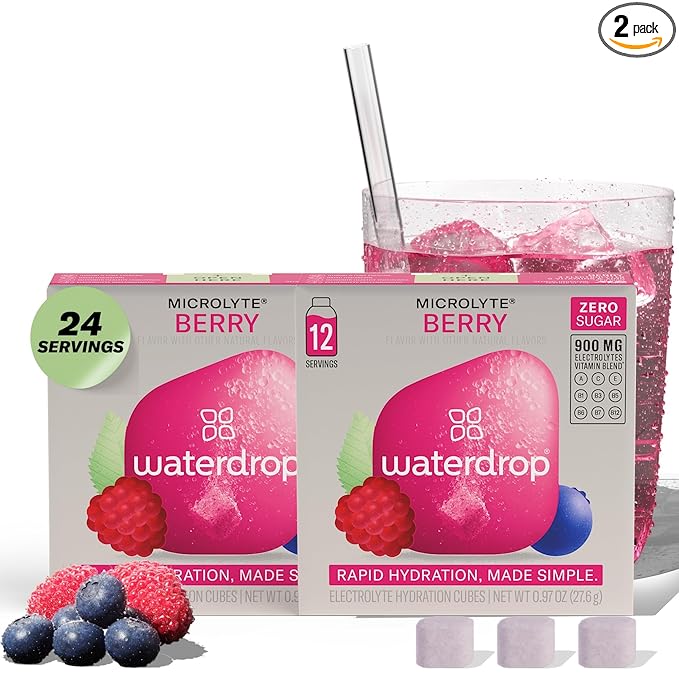 Waterdrop Microlyte Hydration Cubes, Berry Flavor, Electrolyte Drink Mix with Zinc, Magnesium, Potassium, Calcium & 9 Vitamins, Zero Sugar, Low Calorie, Sports Drink with Electrolytes, 24 Count