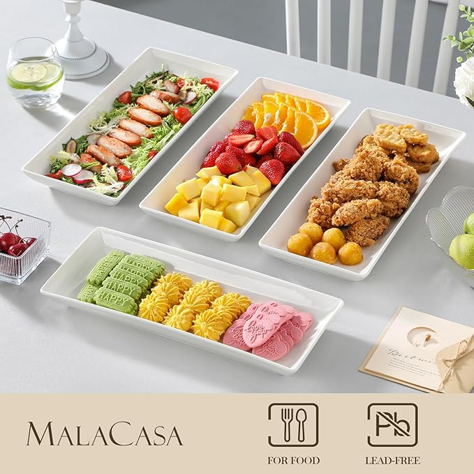 MALACASA Serving Platters Set of 4, Ceramic Serving Platters and Trays for Serving Food, Rectangular Serving Trays for Party, Large Serving Plates, Party Serving Trays and Platters - 14 Inch, White