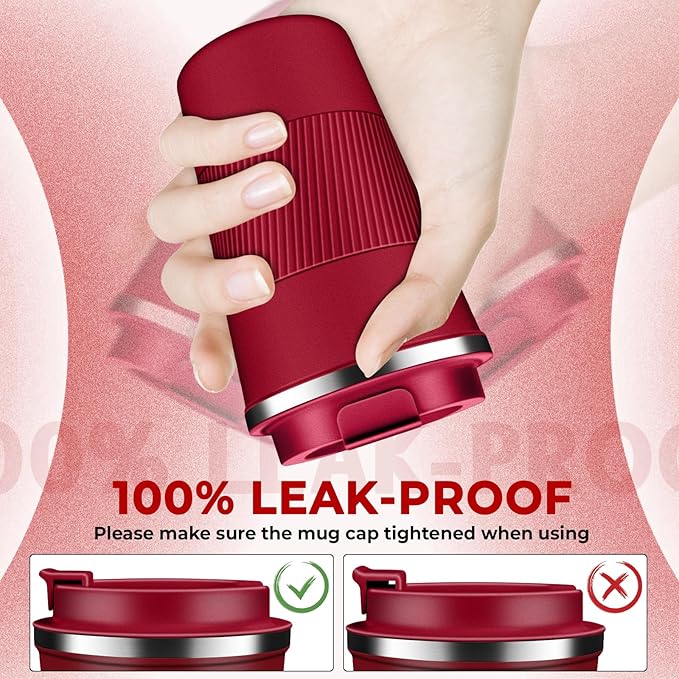 Insulated Coffee Tumbler 12 oz, Stainless Steel Coffee Mug with Lids, Travel Coffee Mug Leak Proof, Double Wall Vacuum Insulated Reusable Coffee Cup, Keep Drinks Hot and Cold (Red, 12 Ounces)