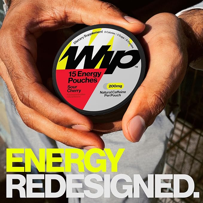 Wip Energy Pouches | 200mg Natural Caffeine | Vitamins and Minerals | Sour Cherry | 15 Pouches Per Can | 3 Cans