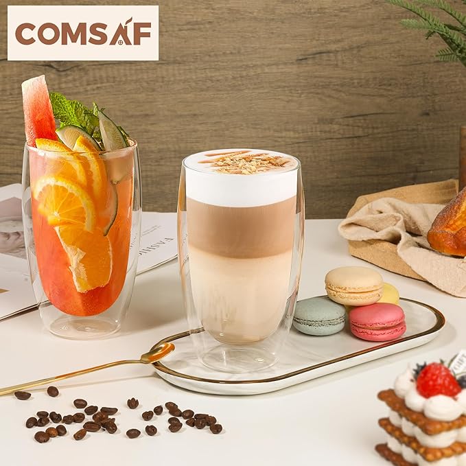ComSaf 15oz Double Wall Glass Coffee Mugs, Insulated Latte Cups Set of 2, for Coffee, Espresso, Tea, Milk, Clear Cappuccino Cups Set Glassware Gift for Christmas Birthday