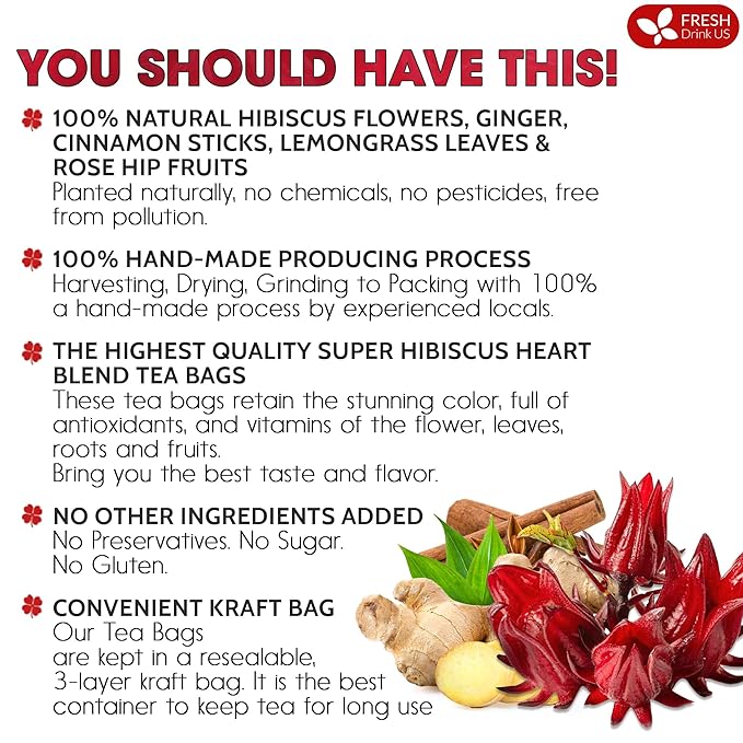 FreshDrinkUS, 60 Tea Bags Super Hibiscus Heart Blend– Herbal Tea with Hibiscus Flower, Ginger, Cinnamon Stick, Lemongrass & Rose Hip – Naturally Caffeine-Free, Sugar-Free, Vegan